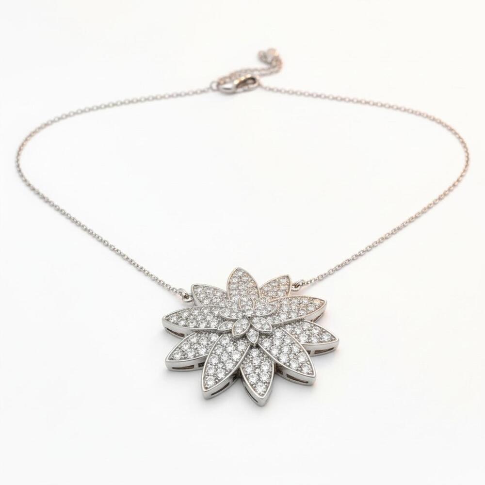 28" White Topaz Lotus Flower Sterling Silver 925 Necklace
